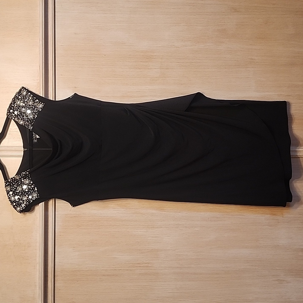 Alex Evenings Black Cap Sleeve Cocktail Dress with Embellished Shoulders